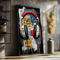 Quadro Decorativo Fones Urbanos Vibrantes | quadros decorativos para sala | Fones de ouvido street art em preto, vermelho, azul e amarelo com grafismos urbanos. | Porao dos Quadros