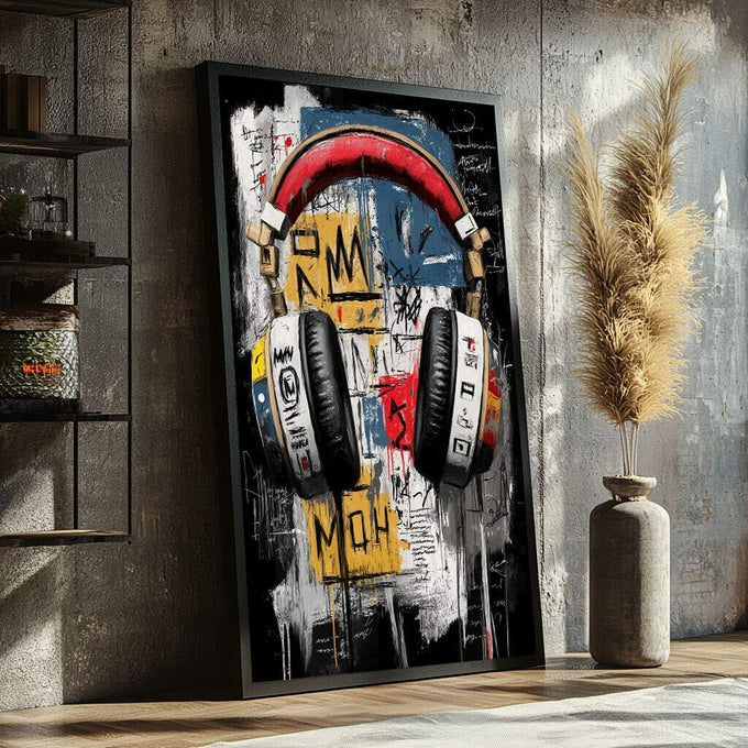 Quadro Decorativo Fones Urbanos Vibrantes | quadros decorativos para sala | Fones de ouvido street art em preto, vermelho, azul e amarelo com grafismos urbanos. | Porao dos Quadros