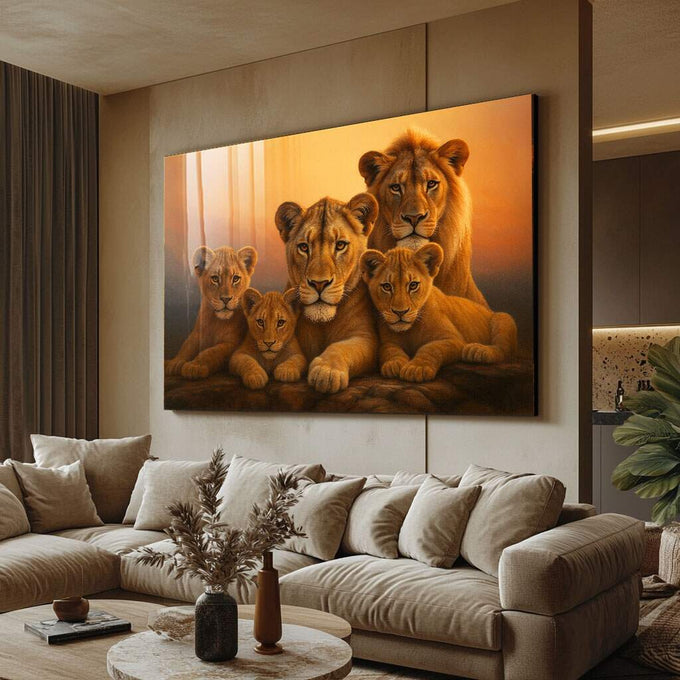 Quadro Decorativo Leões em Conexão Majestosa | quadros decorativos para sala | Leoa majestosa com cinco filhotes em tons dourados e laranja ao entardecer | Porao dos Quadros