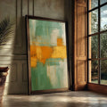 Quadro Decorativo Abstrato Verde e Laranja | quadros decorativos para sala | Pintura abstrata em verde-água e laranja dourado com linhas geométricas e composição equilibrada | Porao dos Quadros