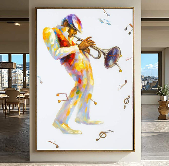 Quadro Decorativo Músico Vibrante em Ação | quadros decorativos para sala | Músico colorido em aquarela tocando trompete com notas musicais flutuando ao redor | Porao dos Quadros