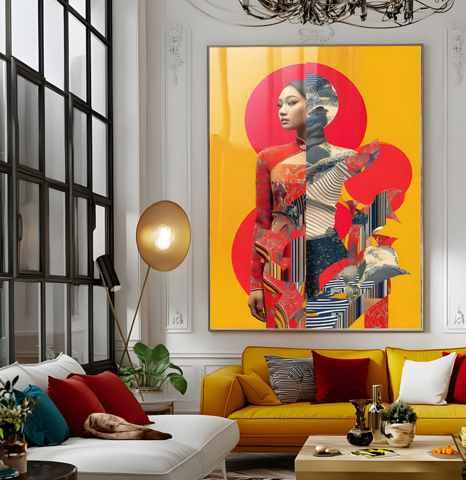 Mulher oriental em colagem de estampas com círculos vermelhos sobre fundo amarelo, quadro decorativo