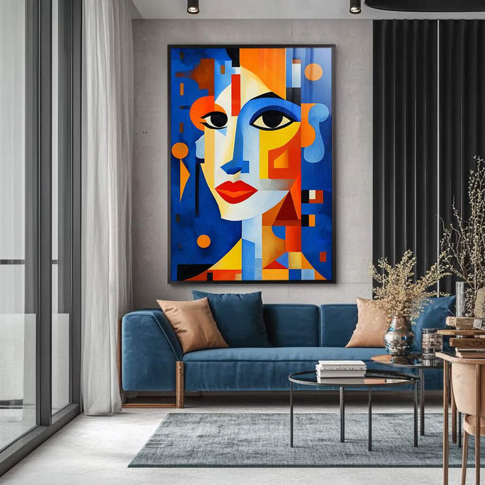 Quadro Decorativo Essência Feminina Moderna | quadros decorativos para sala | Rosto cubista em azul, laranja e amarelo com formas geométricas abstratas vibrantes | Porao dos Quadros