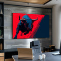 Quadro Decorativo do Touro Moderno | quadros decorativos para sala | Touro azul em movimento dinâmico sobre fundo vermelho intenso em estilo pop art. | Porao dos Quadros