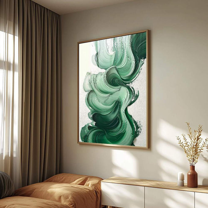 Quadro Decorativo Pincelada Serenidade Verde | quadros decorativos para sala | Obra abstrata com ondas fluidas em verde vibrante sobre fundo claro e texturizado. | Porao dos Quadros