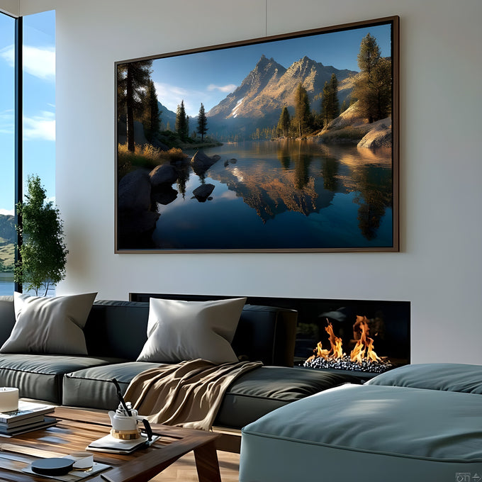Lago de montanha espelhando picos iluminados pelo sol, pinheiros e pedras sob céu azul, quadro decorativo