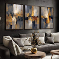 Quadro Decorativo Abstrato Azul e Dourado | quadros decorativos para sala | Composição abstrata com blocos de dourado, azul e cinza em movimento vertical dinâmico | Porao dos Quadros