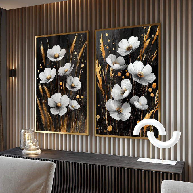 Quadro Decorativo Dupla Magnífica de Flores  Um Toque de Natureza | quadros decorativos para sala | Flores brancas com estames dourados em hastes contra fundo preto profundo, composição equilibrada em 2 telas | Porao dos Quadros