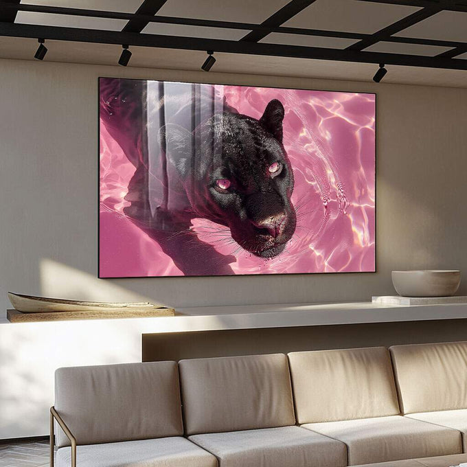 Quadro Decorativo Pantera Rosa Impactante | quadros decorativos para sala | Pantera preta com olhos rosa em águas rosa-neon luminosas | Porao dos Quadros