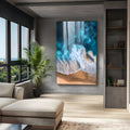 Vista aérea de ondas do mar azul turquesa com espuma branca quebrando na areia da praia, quadro decorativo