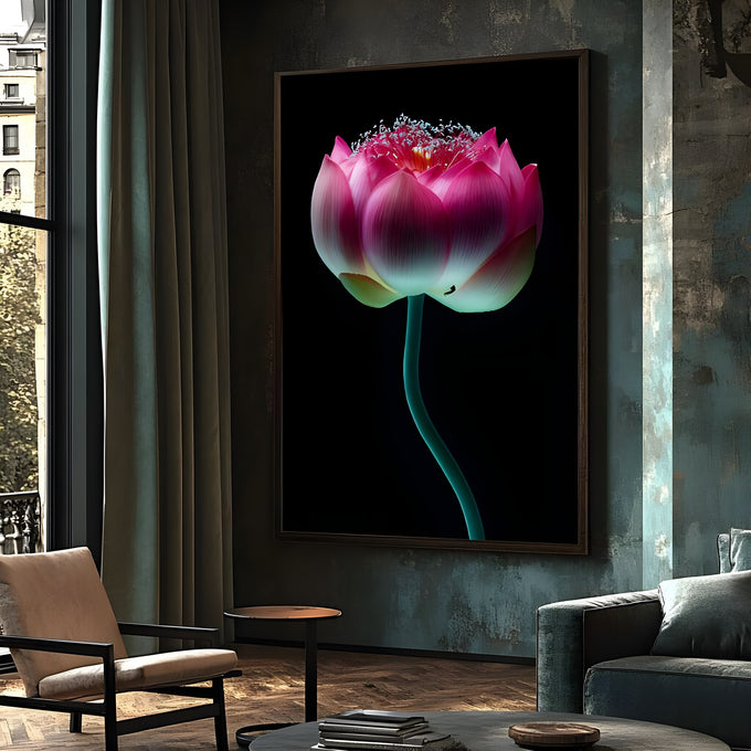Flor de lótus rosa com brilho ciano e caule verde-água em fundo preto, quadro decorativo