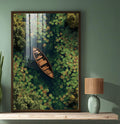 Quadro Decorativo Lago Sereno | quadros decorativos para sala | Barco de madeira em lago com nenúfares verdes e bege em perspectiva aérea | Porao dos Quadros
