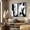 Quadro Decorativo Dualidade em Preto e Branco | quadros decorativos para sala | Dois retratos abstratos em preto e branco com pinceladas expressivas dissolvendo os rostos. | Porao dos Quadros