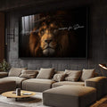 Quadro Decorativo Leão Dourado Poder e Fé | quadros decorativos para sala | Leão majestoso com crina dourada e olhar intenso com frases inspiradoras em script branco | Porao dos Quadros