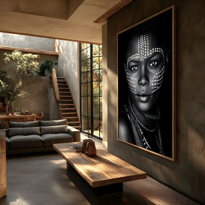 Retrato preto e branco de mulher africana com pintura facial de pontos brancos e colares, quadro decorativo