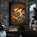 Moeda Bitcoin dourada com barras de ouro e diamantes sobre areia brilhante, quadro decorativo