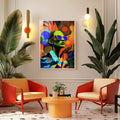 Quadro Decorativo Liberdade em Cores: Moderno Vibrante | quadros decorativos para sala | Mulher com óculos neon em composição pop art colorida com formas geométricas vibrantes | Porao dos Quadros