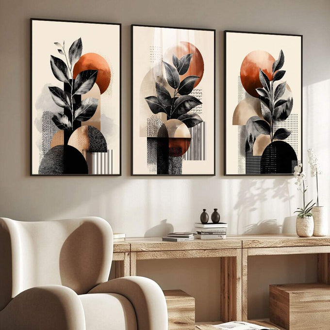 Quadro Decorativo Geométrico Moderno | quadros decorativos para sala | Plantas com folhas pretas e círculos terracota em composição geométrica moderna em três painéis. | Porao dos Quadros