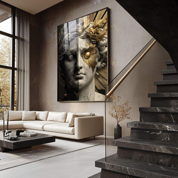 Quadro Decorativo Bustos Dourados Elegantes | quadros decorativos para sala | Busto clássico cinza e branco com detalhes dourados em composição sofisticada | Porao dos Quadros