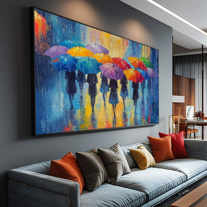 Quadro Decorativo Mulheres Arte Vibrante da Cidade Colorida | quadros decorativos para sala | Silhuetas sob guarda-chuvas coloridos em chuva com tons azuis, laranjas e amarelos. | Porao dos Quadros