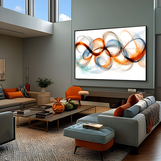 Pintura abstrata de ondas fluidas laranja e azul entrelaçadas sobre fundo branco, quadro decorativo