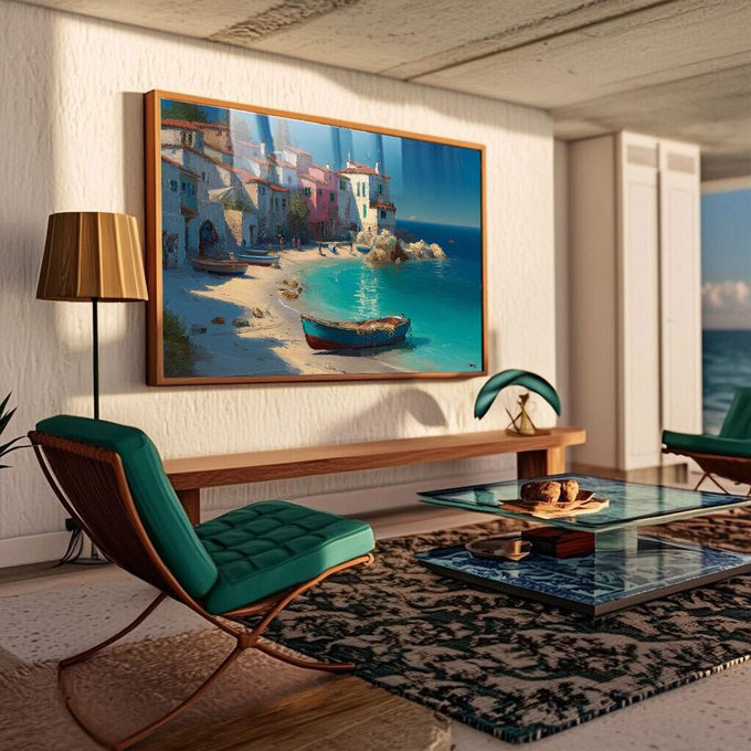 Quadro Decorativo Serenidade na Costa Mar | quadros decorativos para sala | Vila costeira com barcos em turquesa e dourado, casarões coloridos à beira-mar sob luz natural | Porao dos Quadros