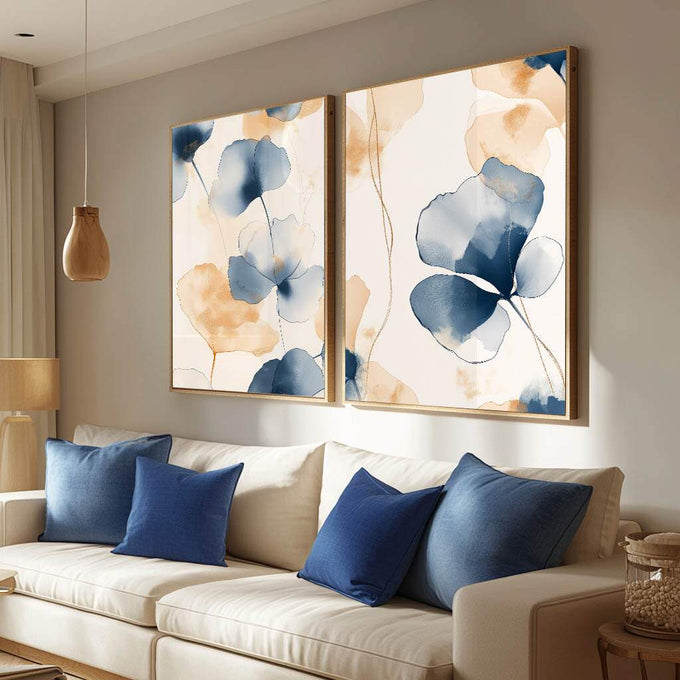 Quadro Decorativo Elegância Floral Dupla de Flores Abstratas | quadros decorativos para sala | Flores em aquarela azul e bege em composição delicada e refinada | Porao dos Quadros