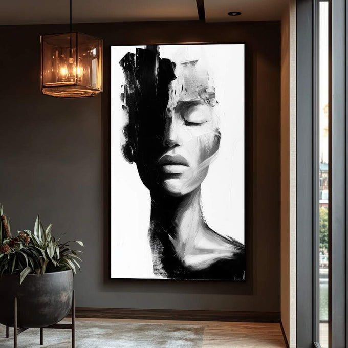 Quadro Decorativo Serenidade em Preto e Branco | quadros decorativos para sala | Rosto em preto e branco com traços abstratos e gesto pictórico expressionista. | Porao dos Quadros