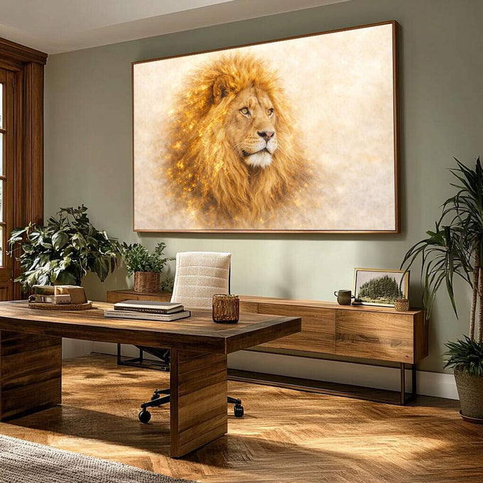 Quadro Decorativo Leão Majestoso | quadros decorativos para sala | Leão majestoso em tons dourados e aquarela com crina fluida e olhar penetrante. | Porao dos Quadros