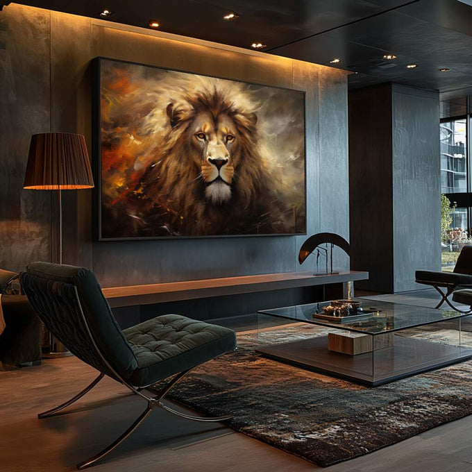 Quadro Decorativo Leão Majestoso | quadros decorativos para sala | Leão majestoso com crina dourada e ocre em composição realista dramatizada | Porao dos Quadros