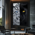 Rosto dividido de leopardo branco de olho azul e pantera negra de olho amarelo, quadro decorativo