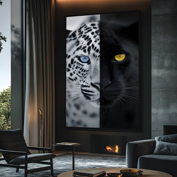 Rosto dividido de leopardo branco de olho azul e pantera negra de olho amarelo, quadro decorativo