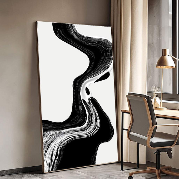 Quadro Decorativo Fluxo Preto e Branco | quadros decorativos para sala | Traço abstrato em preto com formas fluidas ondulantes sobre fundo branco em composição vertical | Porao dos Quadros