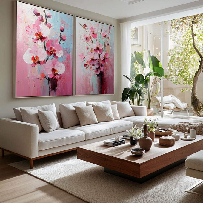 Quadro Decorativo Flores de Orquídeas - Elegância e Serenidade em sua Parede | quadros decorativos para sala | Duas telas com orquídeas rosa e azul em técnica aquarelada etérea com traços abstratos | Porao dos Quadros