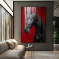Quadro Decorativo Cavalo Negro em Vermelho | quadros decorativos para sala | Cavalo preto e cinza em perfil com fundo vermelho vibrante, composição vertical realista. | Porao dos Quadros