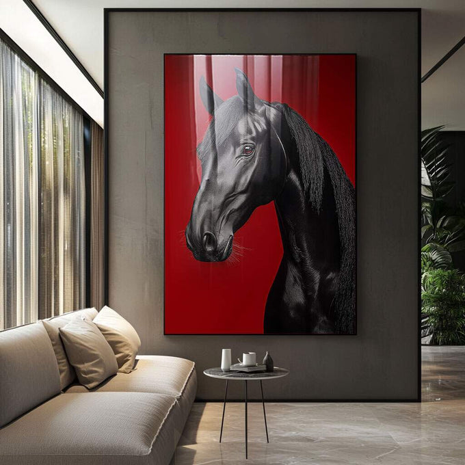 Quadro Decorativo Cavalo Negro em Vermelho | quadros decorativos para sala | Cavalo preto e cinza em perfil com fundo vermelho vibrante, composição vertical realista. | Porao dos Quadros