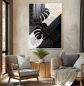 Quadro Decorativo Folha Monstera com Elegância | quadros decorativos para sala | Folhas de monstera em preto, branco e dourado com linhas delicadas em composição moderna. | Porao dos Quadros