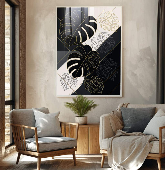 Quadro Decorativo Folha Monstera com Elegância | quadros decorativos para sala | Folhas de monstera em preto, branco e dourado com linhas delicadas em composição moderna. | Porao dos Quadros