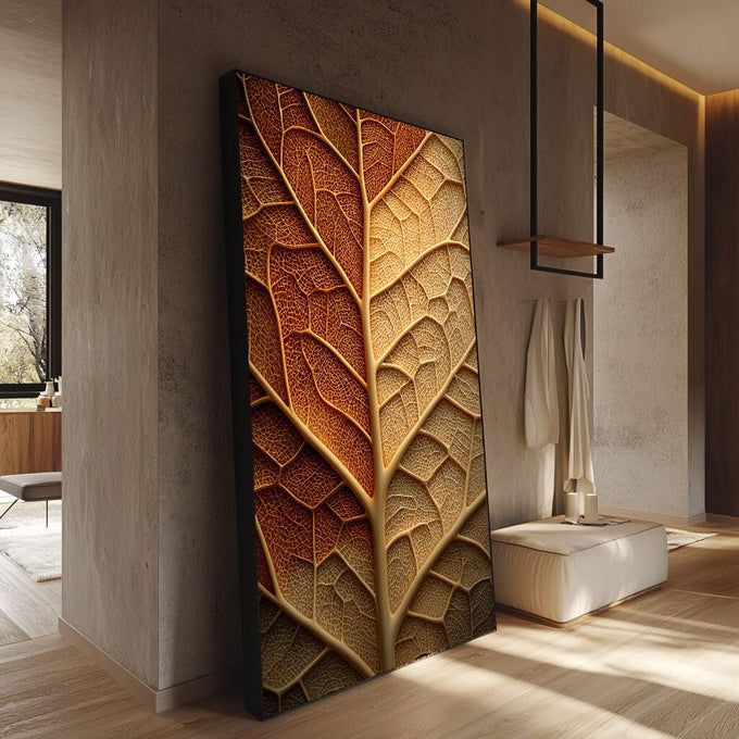 Quadro Decorativo Folha Gigante Aconchegante | quadros decorativos para sala | Folha em relevo com degradê de âmbar a dourado, iluminação dramática realçando textura tátil | Porao dos Quadros