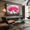 Quadro Decorativo Árvore da Esperança | quadros decorativos para sala | Árvore com galhos retorcidos e flores rosa em explosão contra céu cinzento e solo árido | Porao dos Quadros