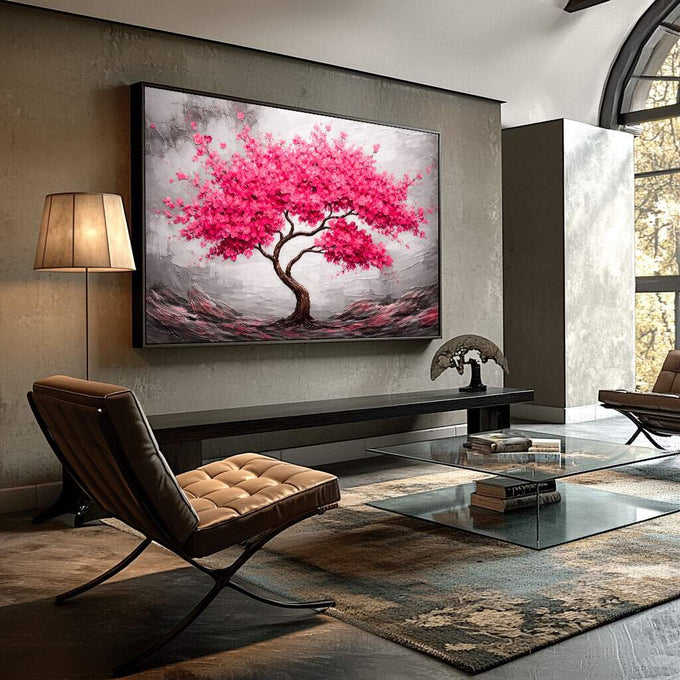Quadro Decorativo Árvore da Esperança | quadros decorativos para sala | Árvore com galhos retorcidos e flores rosa em explosão contra céu cinzento e solo árido | Porao dos Quadros