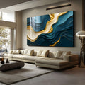 Ondas abstratas em azul petróleo, creme e veios dourados com efeito relevo 3D, quadro decorativo