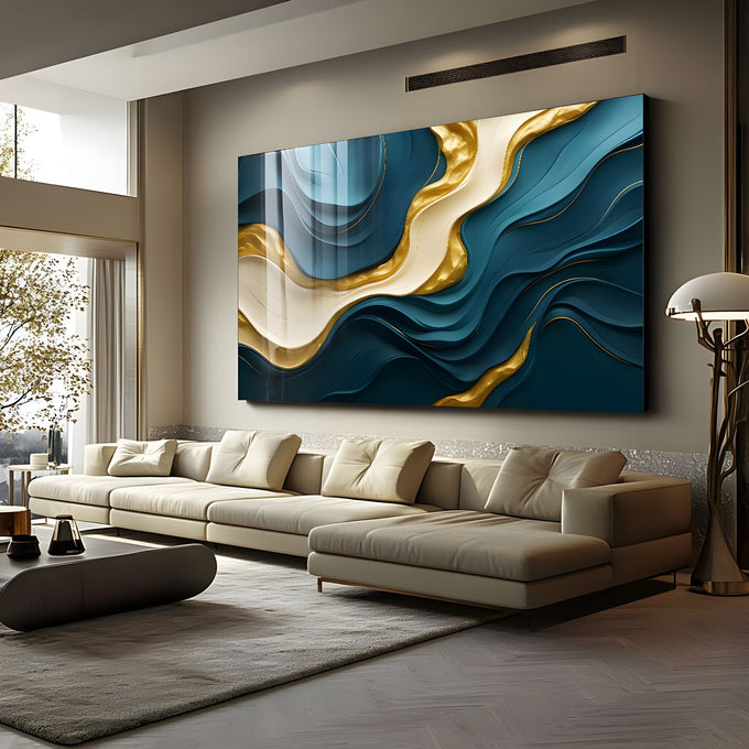 Ondas abstratas em azul petróleo, creme e veios dourados com efeito relevo 3D, quadro decorativo