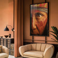 Quadro Decorativo - Rosto Ancestral Arte da Conexão Humana | quadros decorativos para sala | Rosto com padrão geométrico em vermelho e dourado, fusão de figuração e abstração | Porao dos Quadros