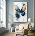 Quadro Decorativo Borboleta Azul e Dourada | quadros decorativos para sala | Borboleta azul e dourado com efeito aquarela e respingos em fundo branco. | Porao dos Quadros