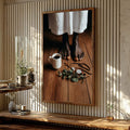 Quadro Decorativo Serenidade e Contemplação | quadros decorativos para sala | Pés descalços cobertos por linho branco em madeira, com café fumegante e objetos rituais | Porao dos Quadros