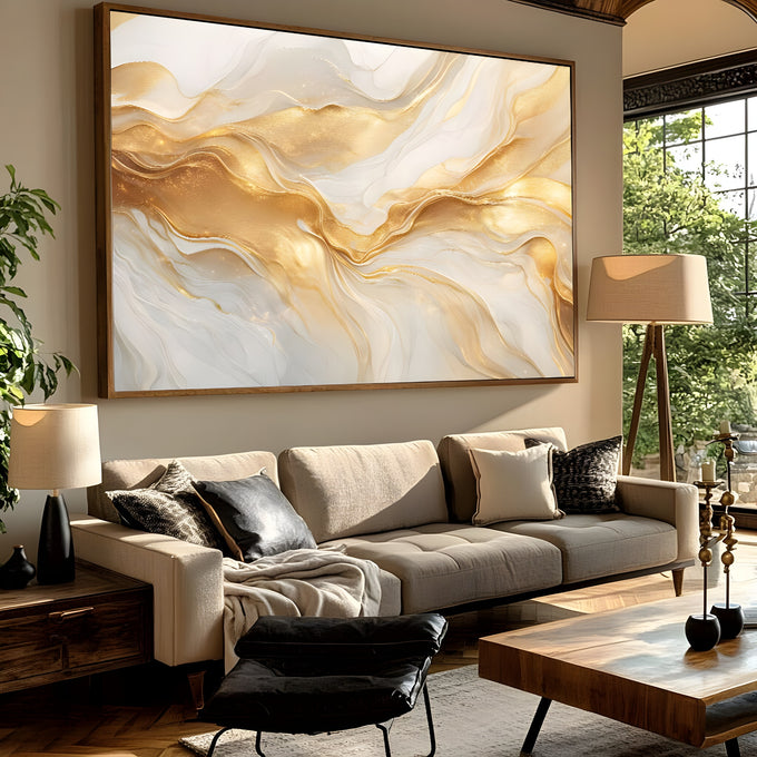 Ondas fluidas douradas e brancas com brilho em efeito mármore, abstrato quadro decorativo