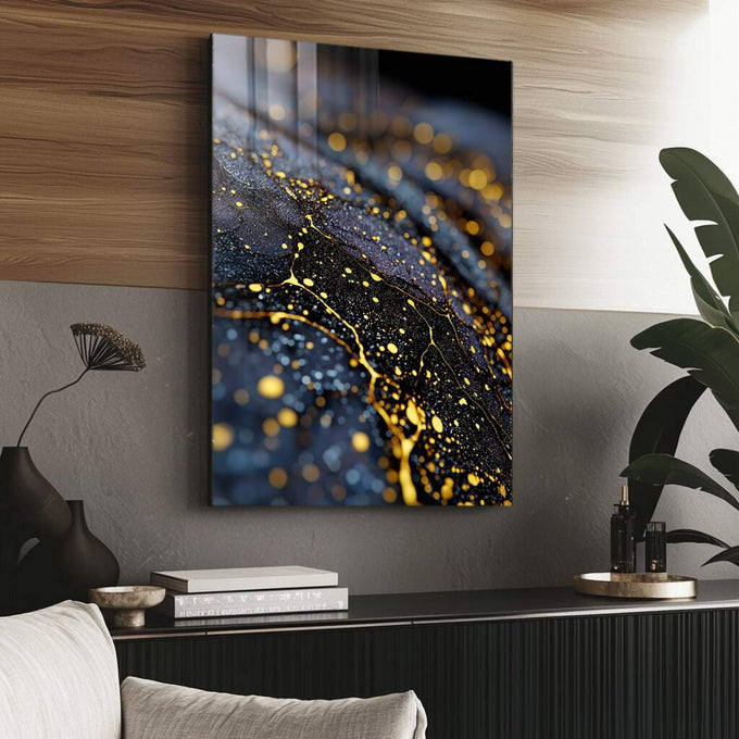 Quadro Decorativo Misteriosa Elegância Abstracta | quadros decorativos para sala | Abstrato com partículas douradas em movimento contra fundo azul escuro profundo. | Porao dos Quadros