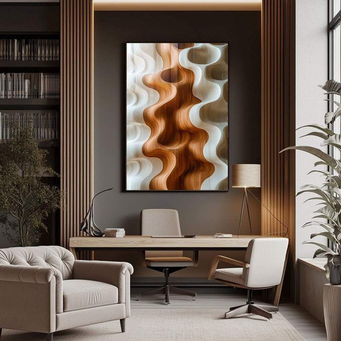 Quadro Decorativo Minimalista Fluido | quadros decorativos para sala | Ondas abstratas em tons quentes de madeira e branco luminoso com composição dinâmica | Porao dos Quadros