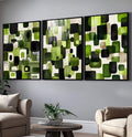 Quadro Decorativo Geométrico em Verde | quadros decorativos para sala | Três telas com composição geométrica de formas arredondadas em verde vibrante, preto e branco com textura tecida. | Porao dos Quadros